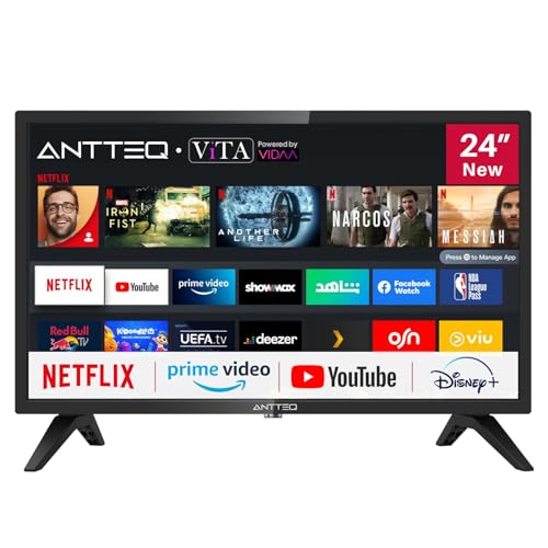 Antteq AV24H3 Fernseher 24 Zoll (60 cm) Smart TV mit Netflix, Prime Video, Rakuten TV, DAZN, YouTube, UVM, WiFi, Triple-Tuner DVB-T2 / S2 / C